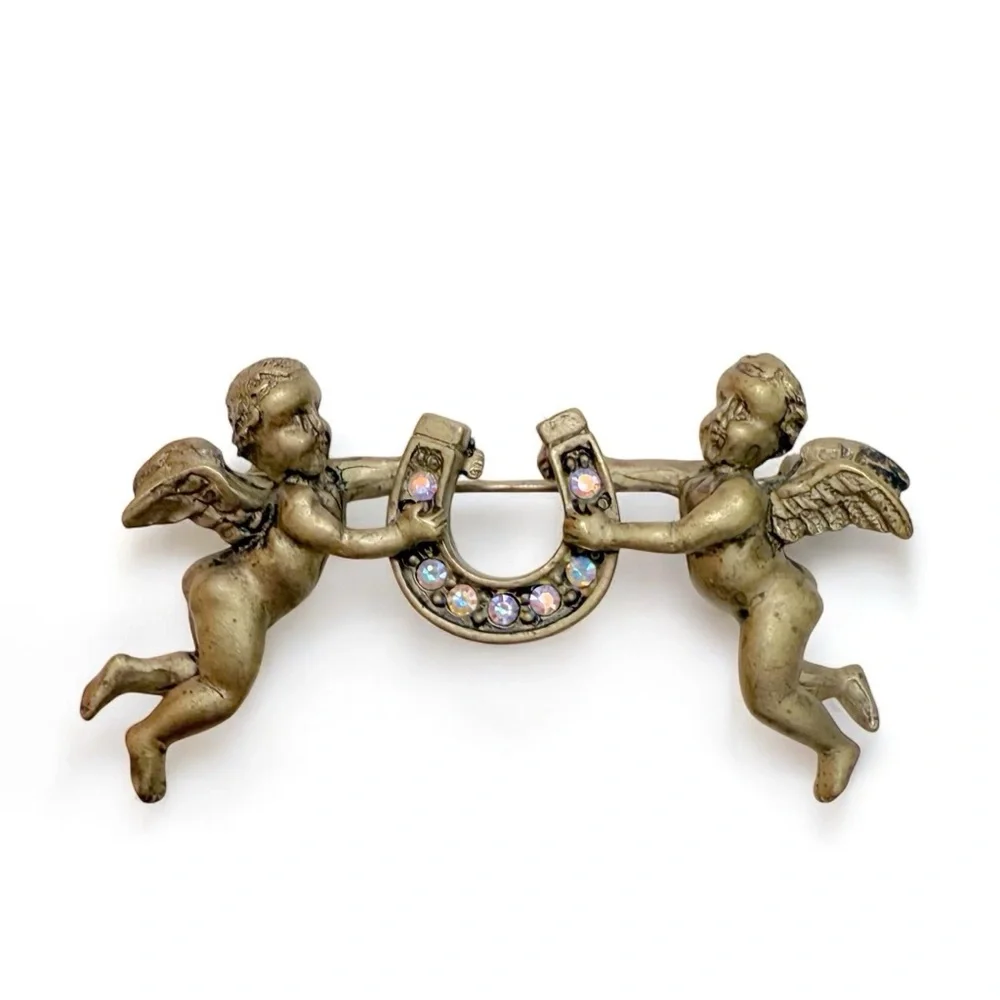 Vintage Kirks Folly Antiqued Goldtone Cherubs Lucky Horseshoe AB Rhinestone Pin